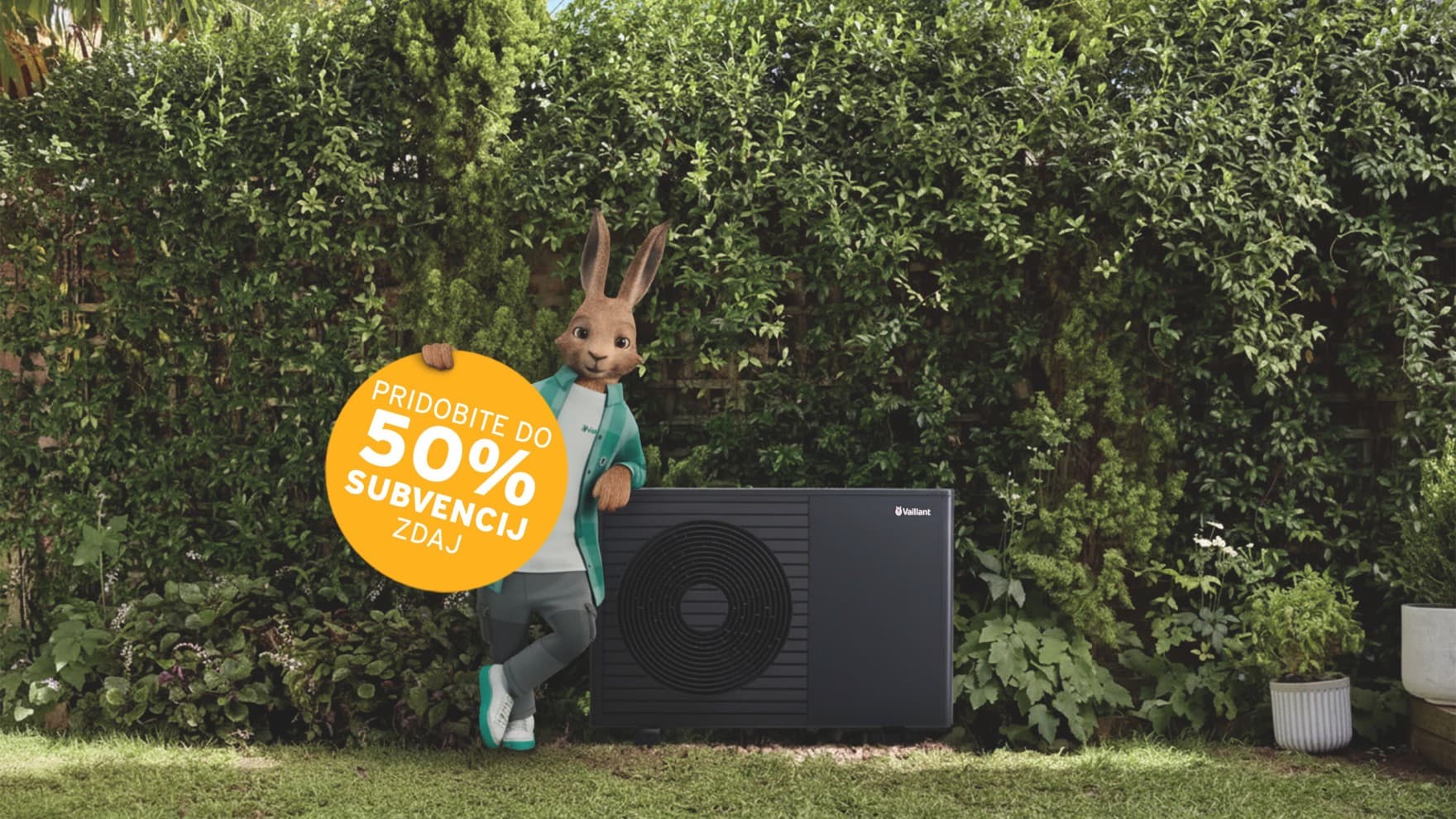 Vaillantov zajec z napisom "Pridobite do 50 % subvencije".