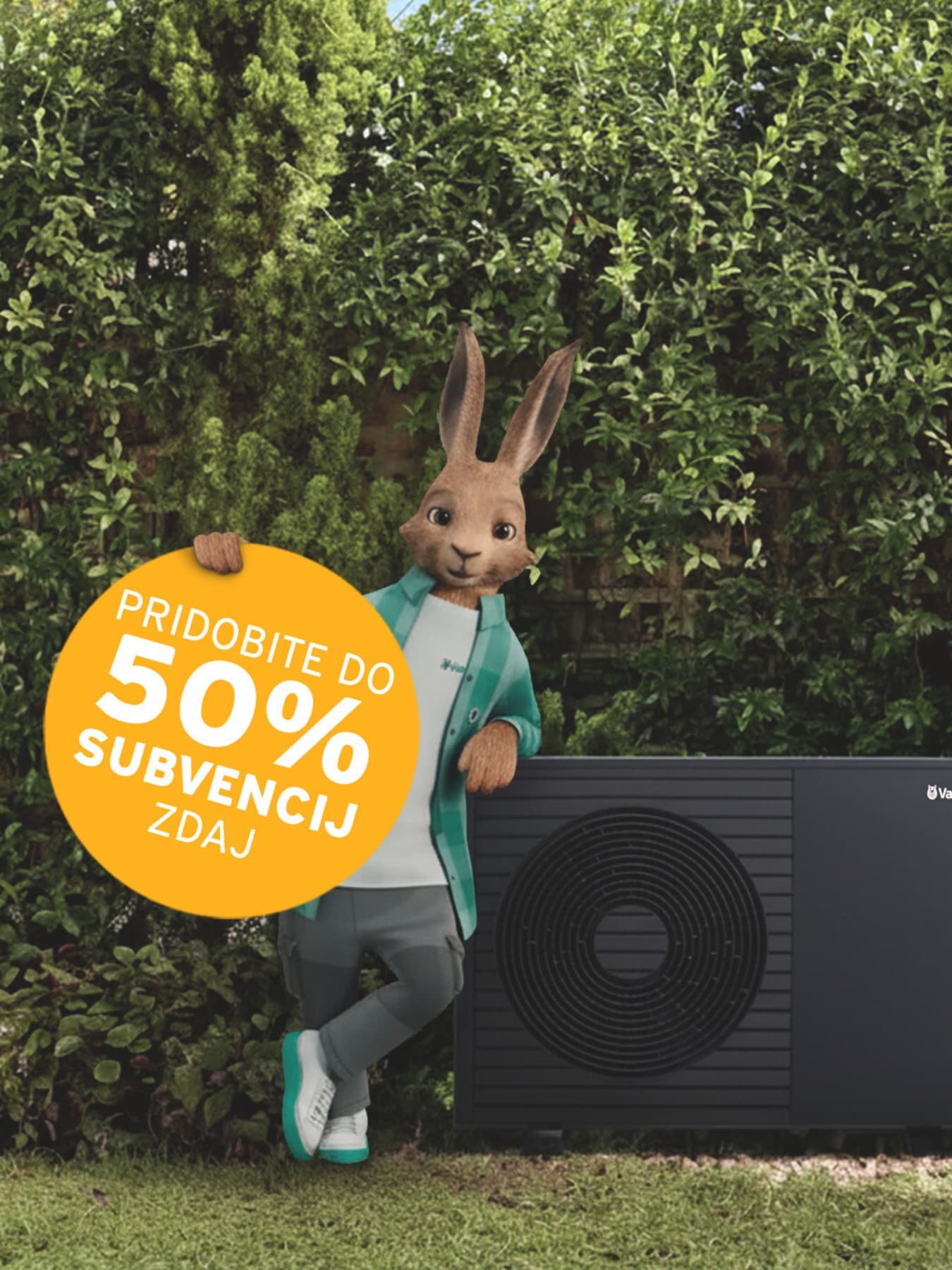 Vaillantov zajec z napisom "Pridobite do 50 % subvencije".