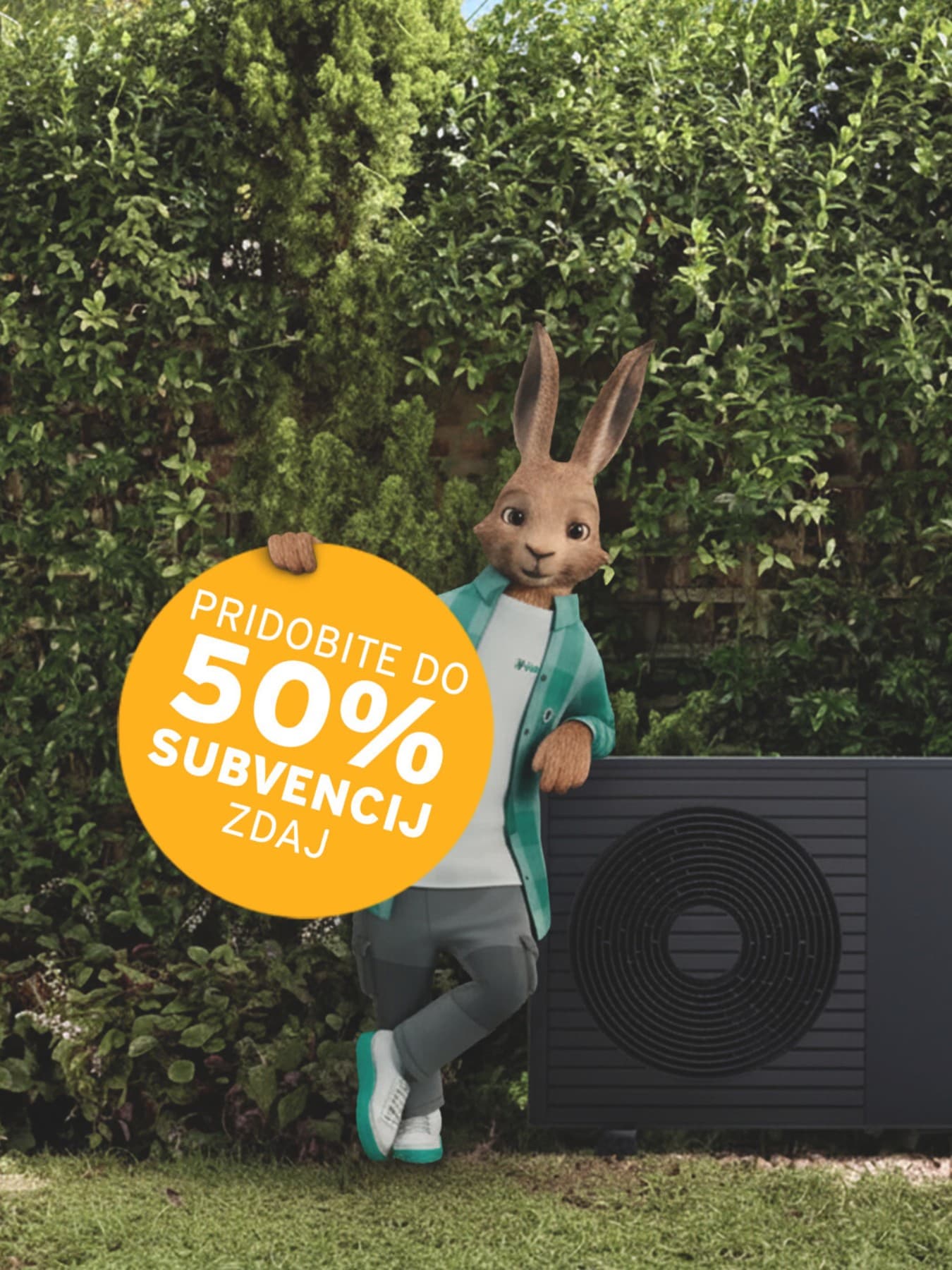 Vaillant zajec pri toplotni črpalki z napisom pridobite do 50% subvencij