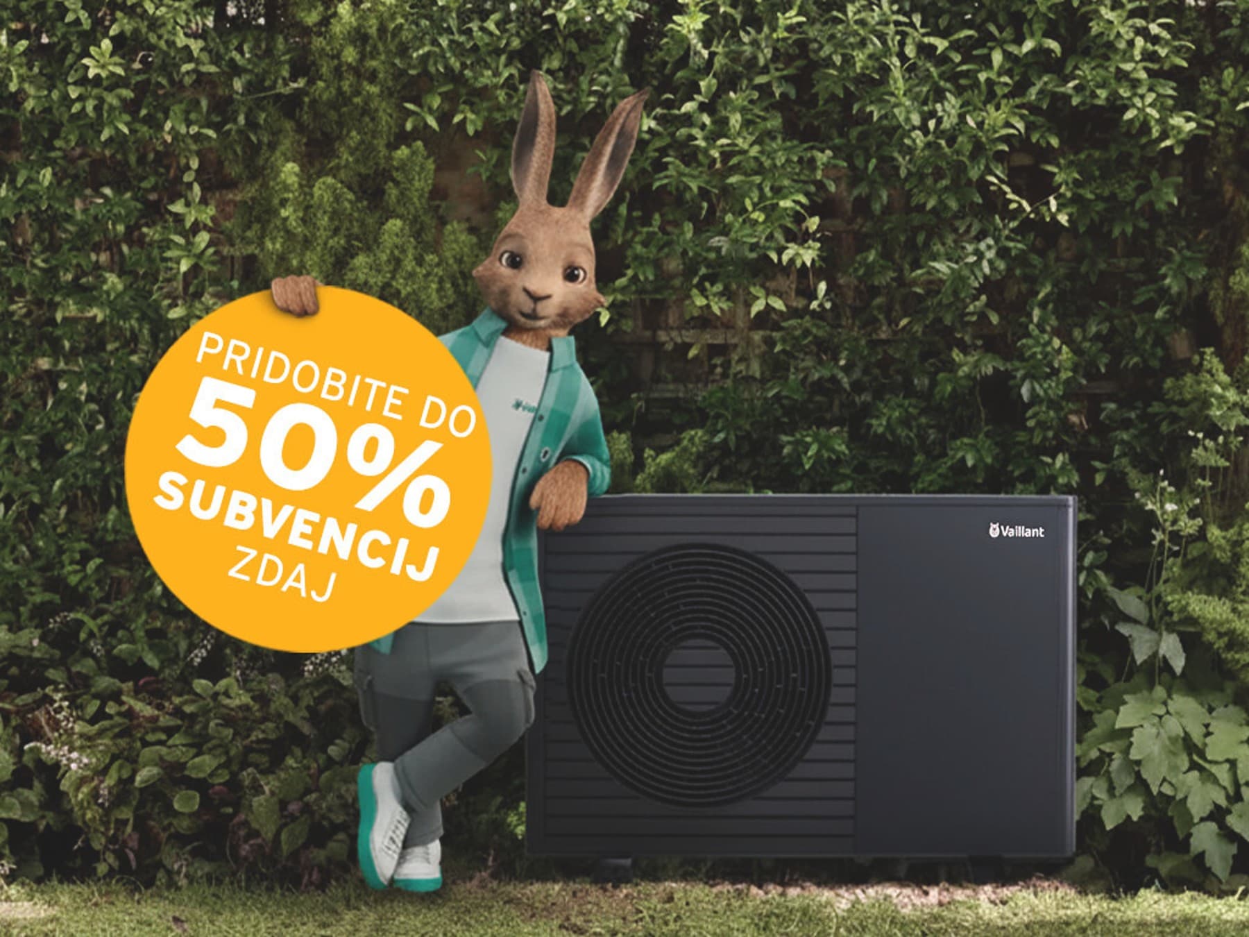 Vaillantov zajec z napisom "Zdaj pridobite do 50 % subvencije".